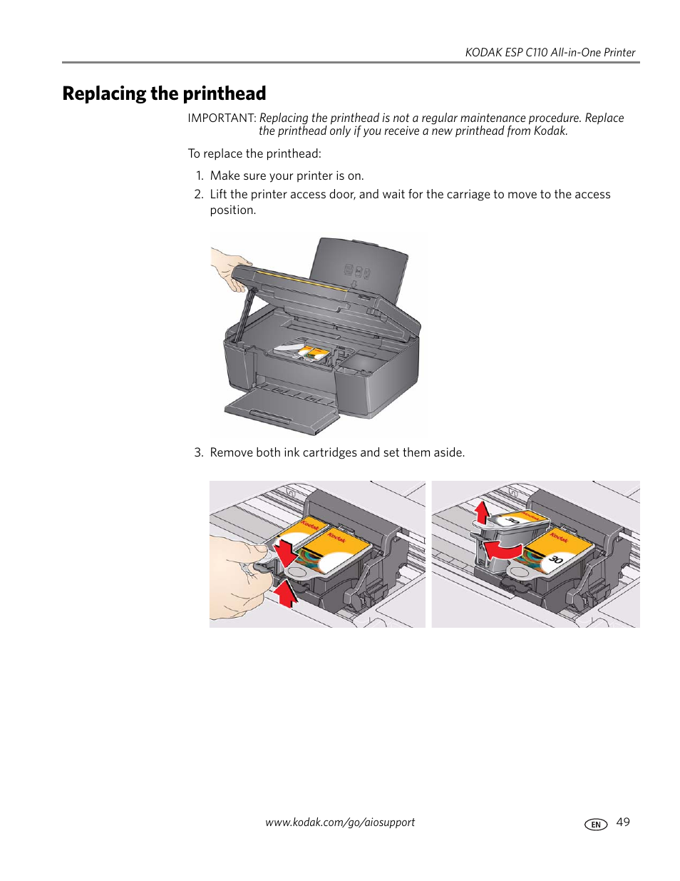 Replacing the printhead | Kodak ESP C110 User Manual | Page 55 / 76