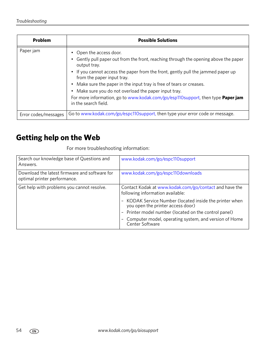 Getting help on the web | Kodak ESP C110 User Manual | Page 60 / 76