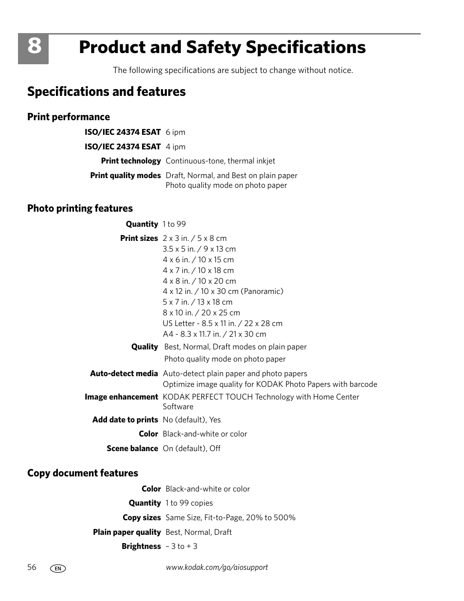 Product and safety specifications, Specifications and features, Print performance | Photo printing features, Copy document features, 8 product and safety specifications | Kodak ESP C110 User Manual | Page 62 / 76