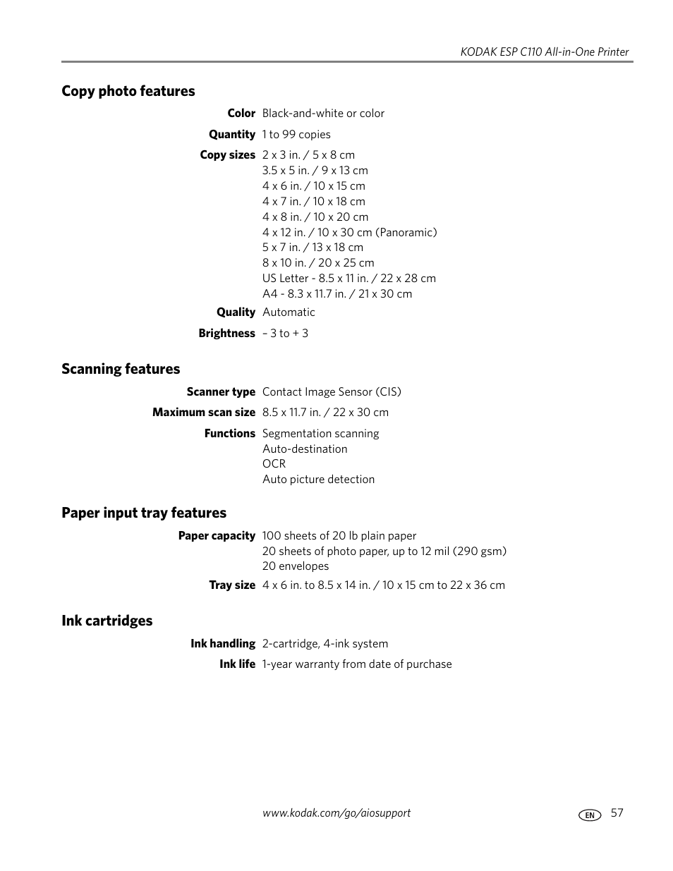 Copy photo features, Scanning features, Paper input tray features | Ink cartridges | Kodak ESP C110 User Manual | Page 63 / 76