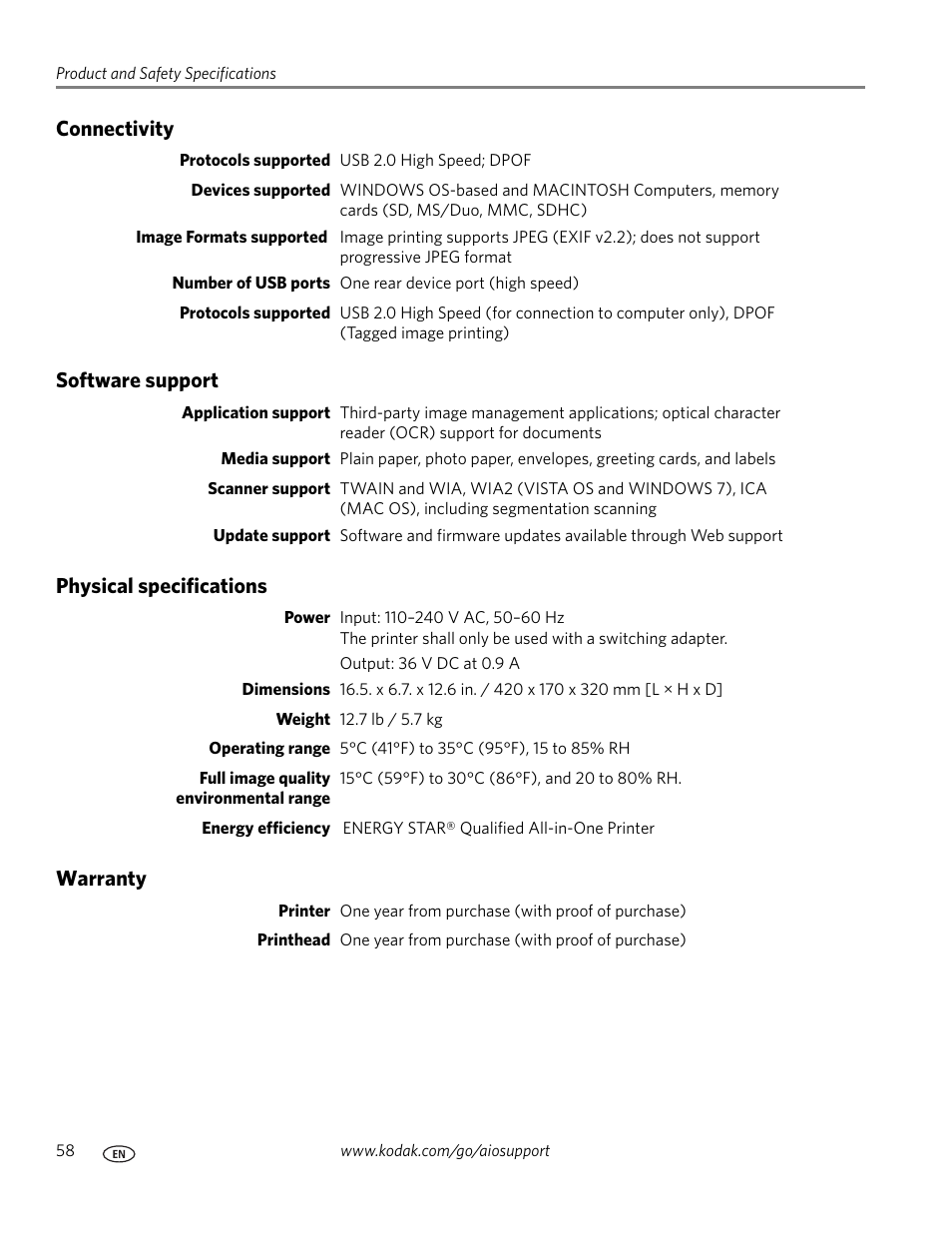 Connectivity, Software support, Physical specifications | Warranty | Kodak ESP C110 User Manual | Page 64 / 76