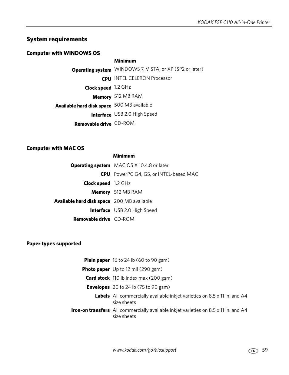 System requirements, Computer with windows os, Computer with mac os | Paper types supported | Kodak ESP C110 User Manual | Page 65 / 76