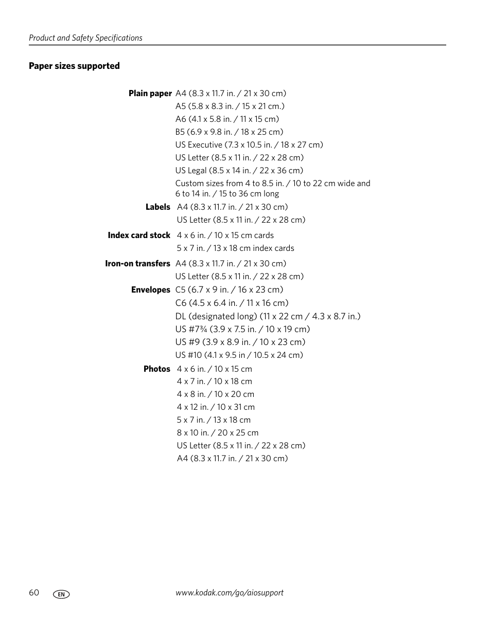 Paper sizes supported | Kodak ESP C110 User Manual | Page 66 / 76