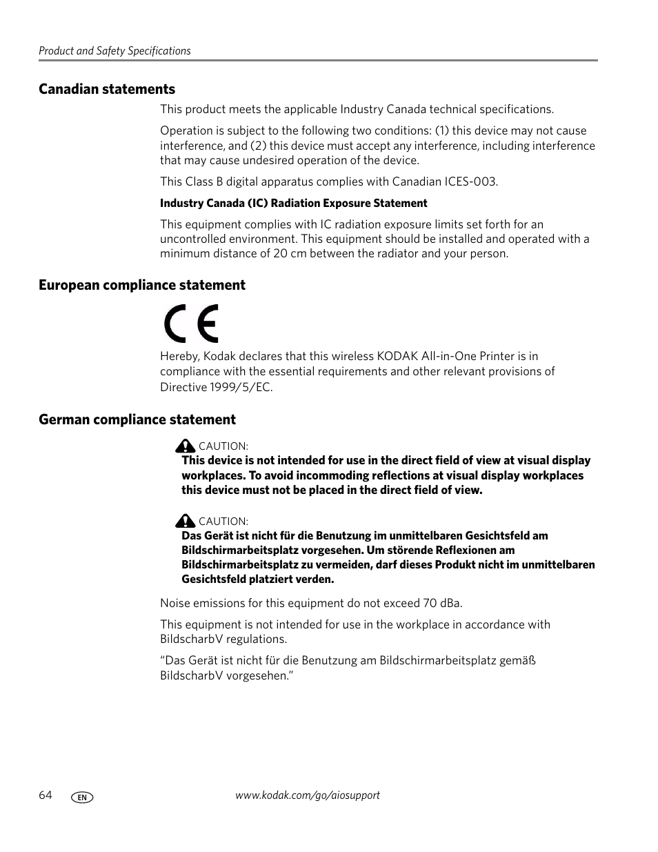 Canadian statements, European compliance statement, German compliance statement | Kodak ESP C110 User Manual | Page 70 / 76