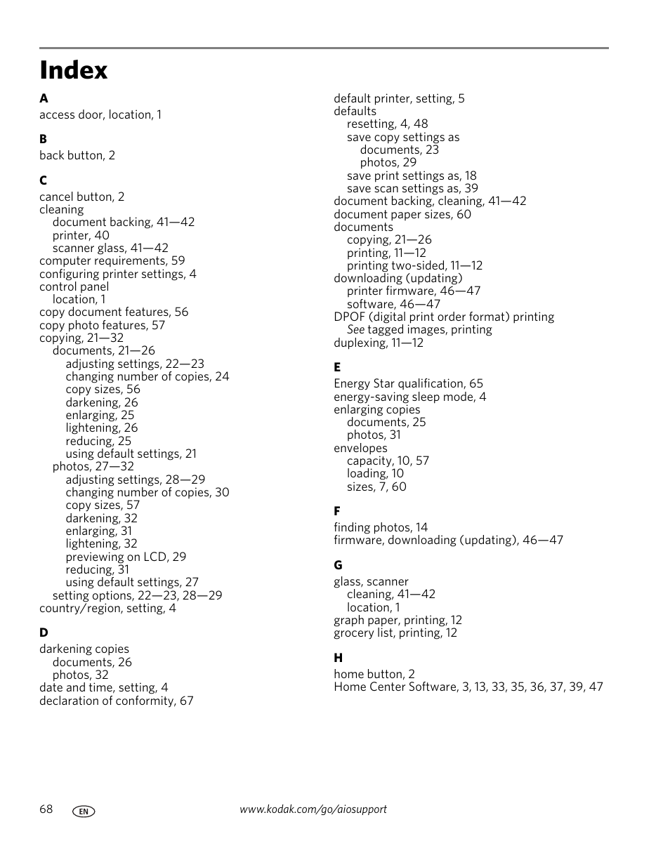 Index | Kodak ESP C110 User Manual | Page 74 / 76