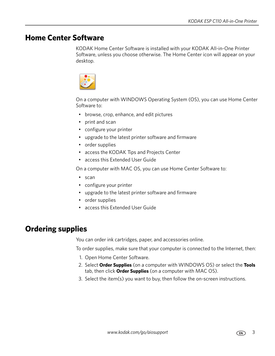 Home center software, Ordering supplies, Home center software ordering supplies | Kodak ESP C110 User Manual | Page 9 / 76