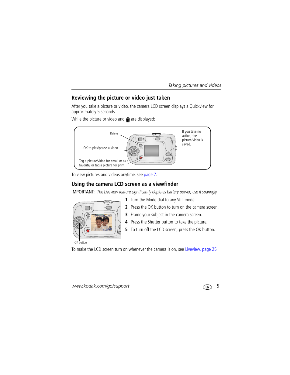 Reviewing the picture or video just taken, Using the camera lcd screen as a viewfinder | Kodak EasyShare C310 User Manual | Page 11 / 72
