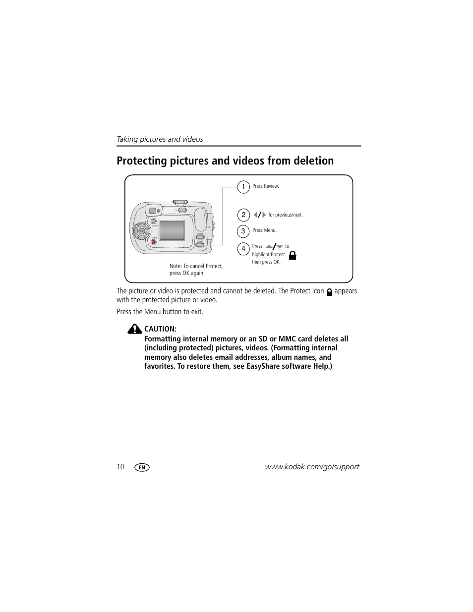 Protecting pictures and videos from deletion | Kodak EasyShare C310 User Manual | Page 16 / 72