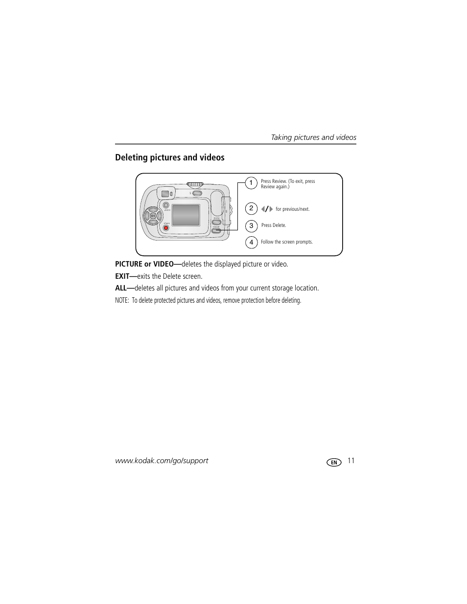 Deleting pictures and videos | Kodak EasyShare C310 User Manual | Page 17 / 72