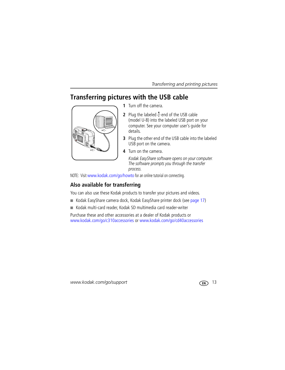 Transferring pictures with the usb cable, Also available for transferring | Kodak EasyShare C310 User Manual | Page 19 / 72