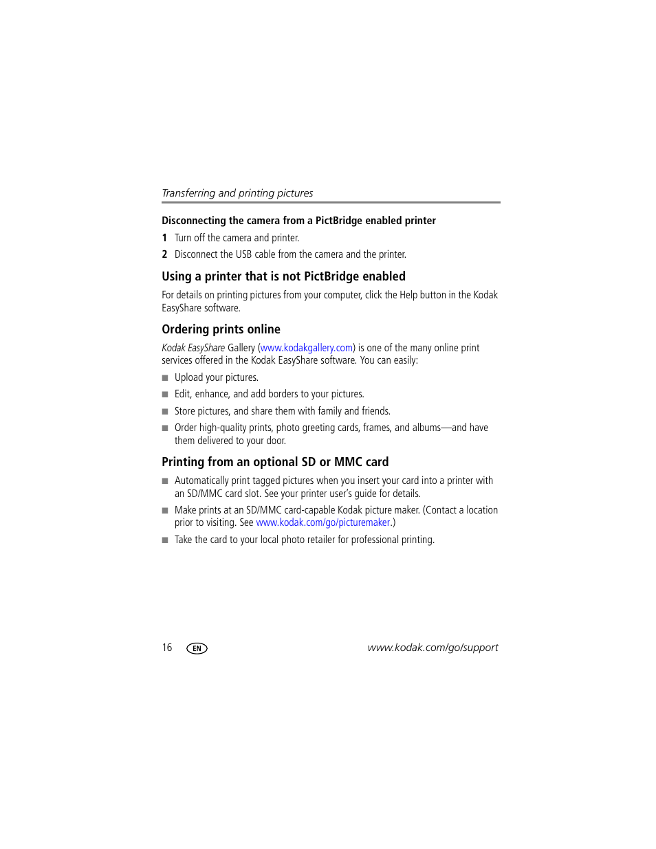 Using a printer that is not pictbridge enabled, Ordering prints online, Printing from an optional sd or mmc card | Kodak EasyShare C310 User Manual | Page 22 / 72