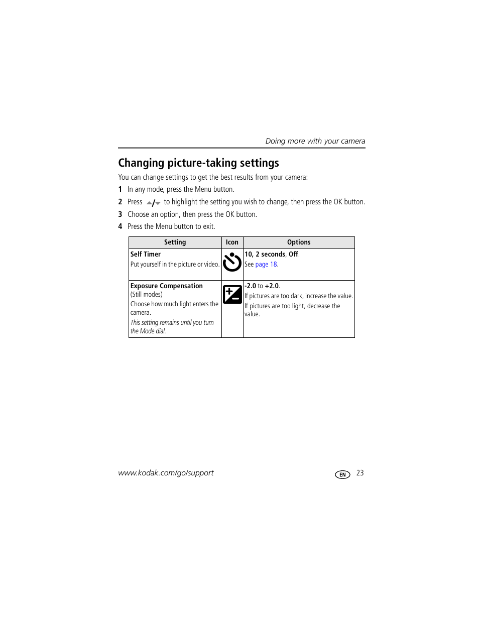 Changing picture-taking settings | Kodak EasyShare C310 User Manual | Page 29 / 72