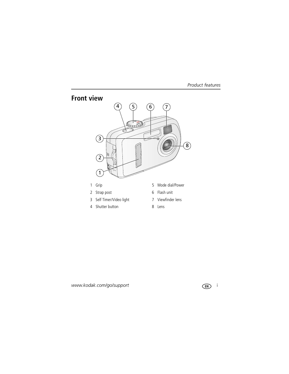 Product features, Front view | Kodak EasyShare C310 User Manual | Page 3 / 72