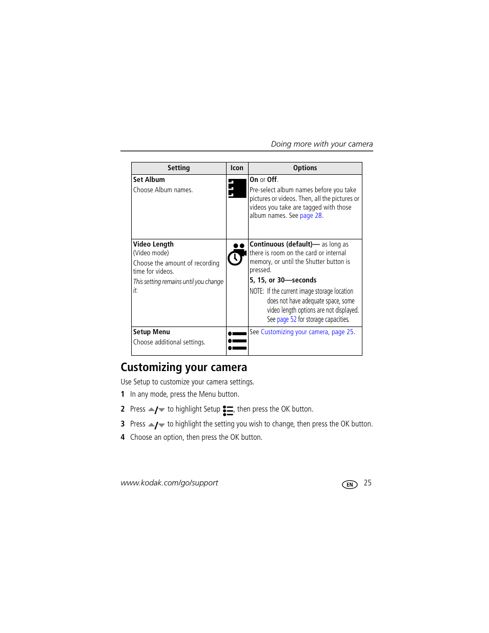 Customizing your camera | Kodak EasyShare C310 User Manual | Page 31 / 72