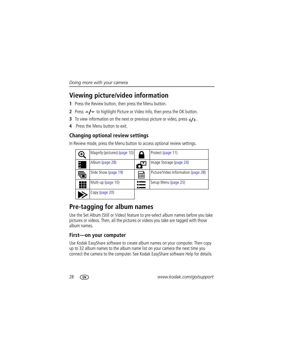 Viewing picture/video information, Changing optional review settings, Pre-tagging for album names | First-on your computer | Kodak EasyShare C310 User Manual | Page 34 / 72