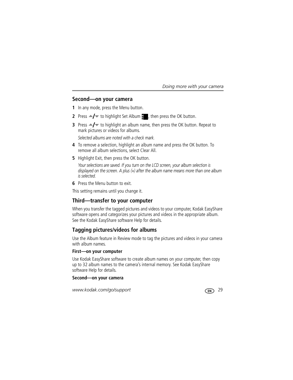 Second-on your camera, Third-transfer to your computer, Tagging pictures/videos for albums | First-on your computer | Kodak EasyShare C310 User Manual | Page 35 / 72