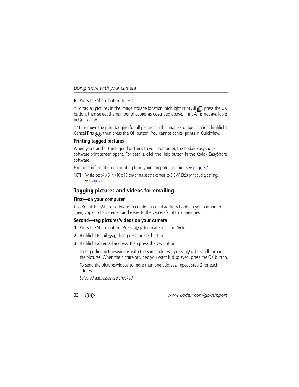 Printing tagged pictures, Tagging pictures and videos for emailing, First-on your computer | Second-tag pictures/videos on your camera | Kodak EasyShare C310 User Manual | Page 38 / 72