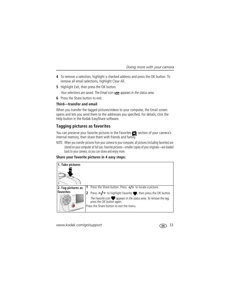 Third-transfer and email, Tagging pictures as favorites | Kodak EasyShare C310 User Manual | Page 39 / 72