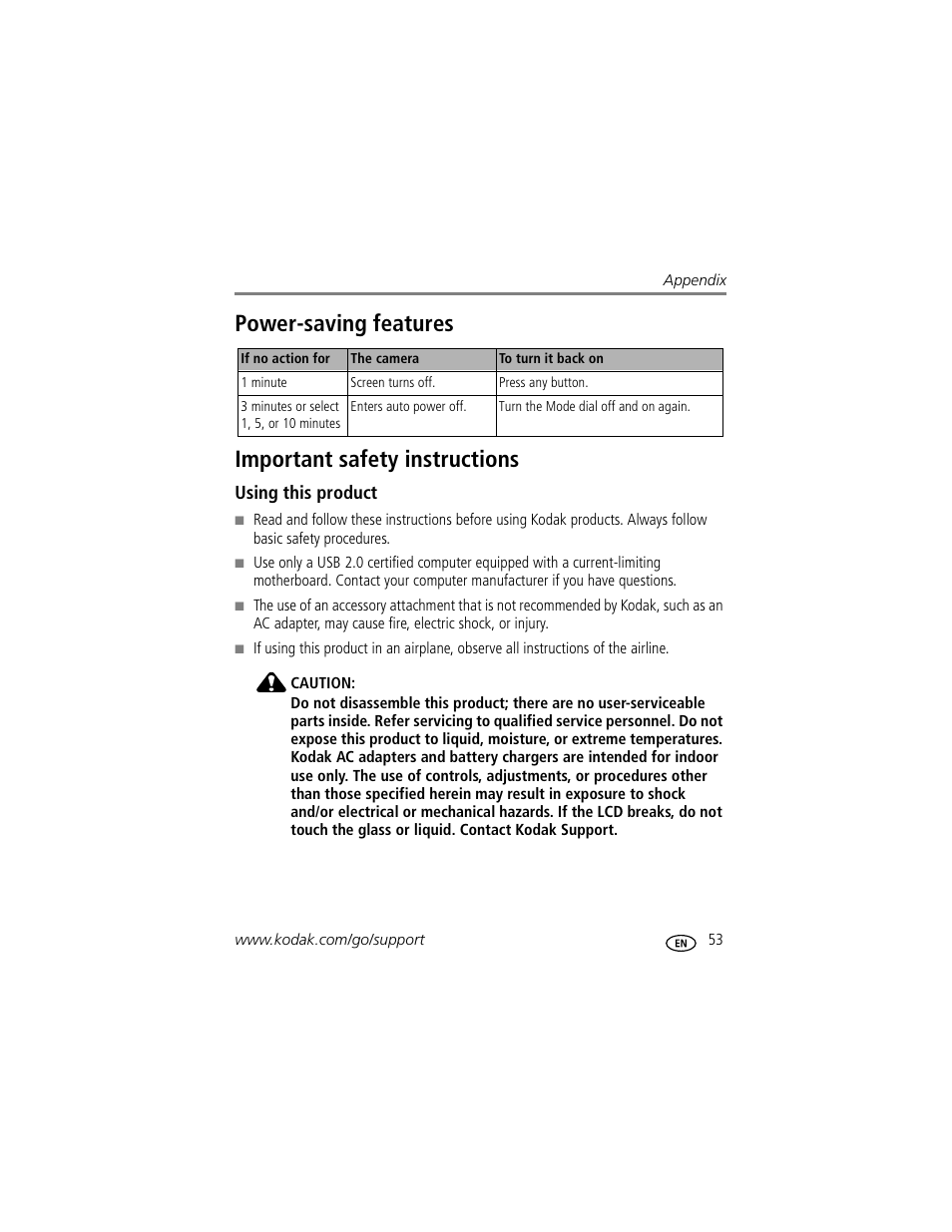 Power-saving features, Important safety instructions, Using this product | Kodak EasyShare C310 User Manual | Page 59 / 72