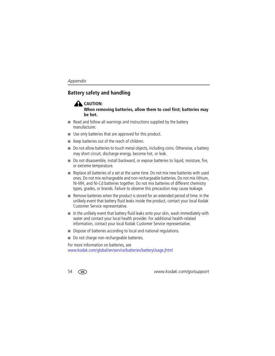 Battery safety and handling | Kodak EasyShare C310 User Manual | Page 60 / 72