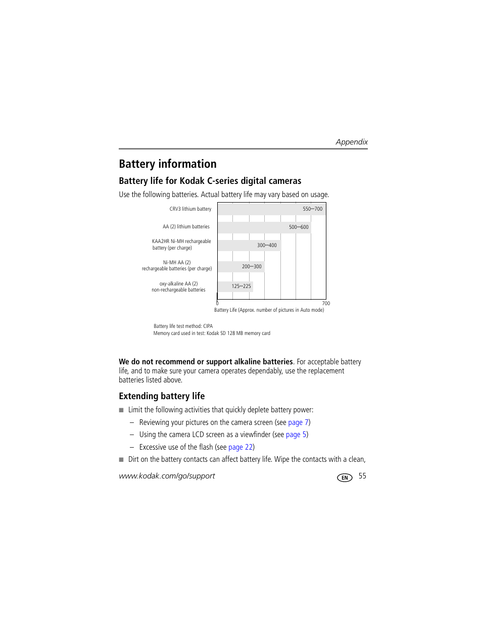 Battery information, Battery life for kodak c-series digital cameras, Extending battery life | Kodak EasyShare C310 User Manual | Page 61 / 72