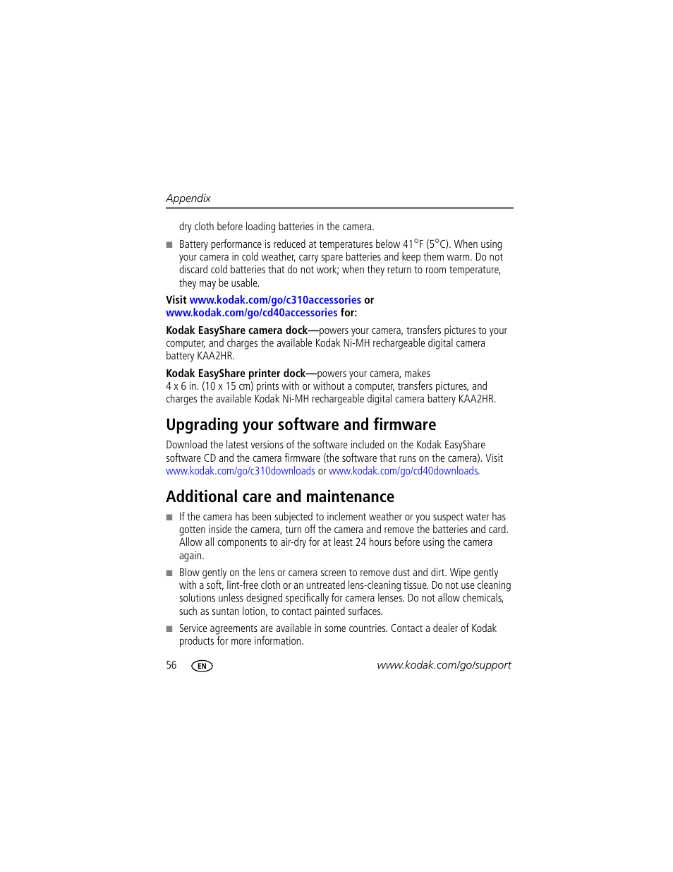 Upgrading your software and firmware, Additional care and maintenance | Kodak EasyShare C310 User Manual | Page 62 / 72
