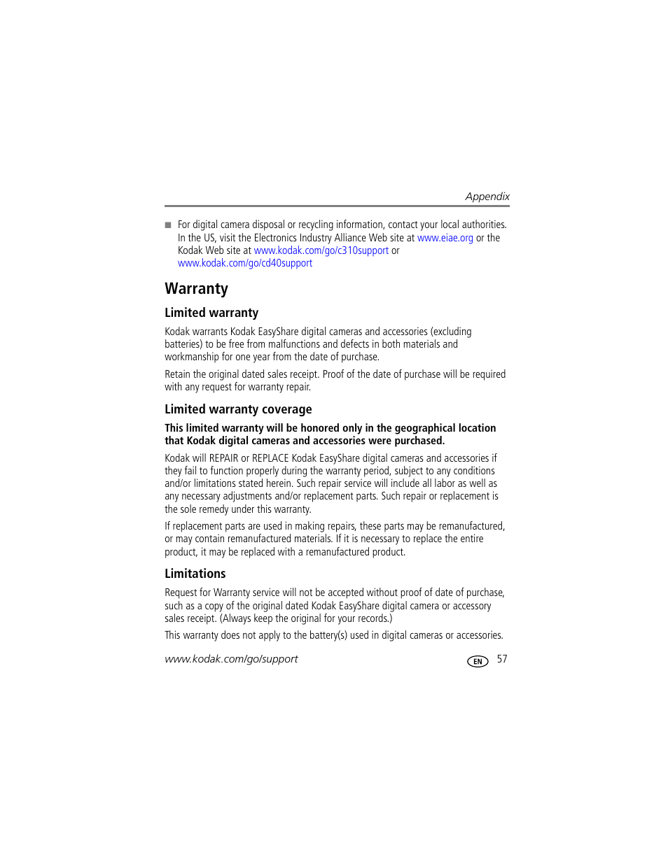 Warranty, Limited warranty, Limited warranty coverage | Limitations | Kodak EasyShare C310 User Manual | Page 63 / 72