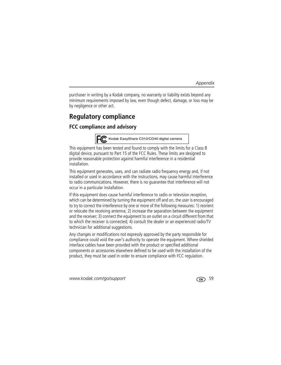 Regulatory compliance, Fcc compliance and advisory | Kodak EasyShare C310 User Manual | Page 65 / 72