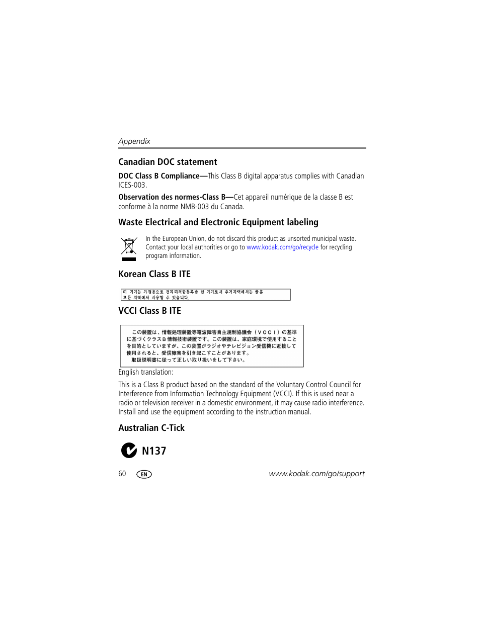 Canadian doc statement, Waste electrical and electronic equipment labeling, Korean class b ite | Vcci class b ite, Australian c-tick, N137 | Kodak EasyShare C310 User Manual | Page 66 / 72