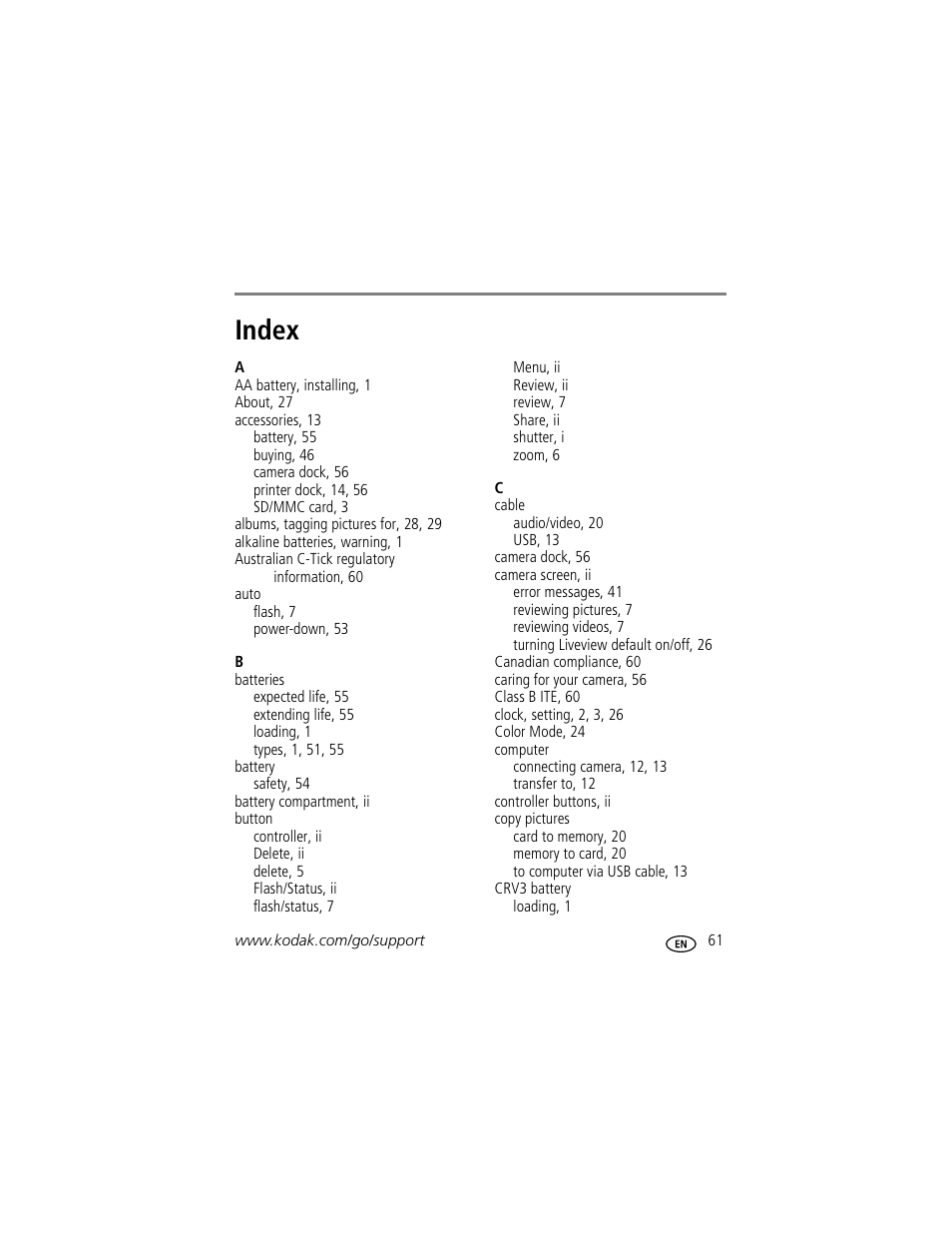 Index | Kodak EasyShare C310 User Manual | Page 67 / 72