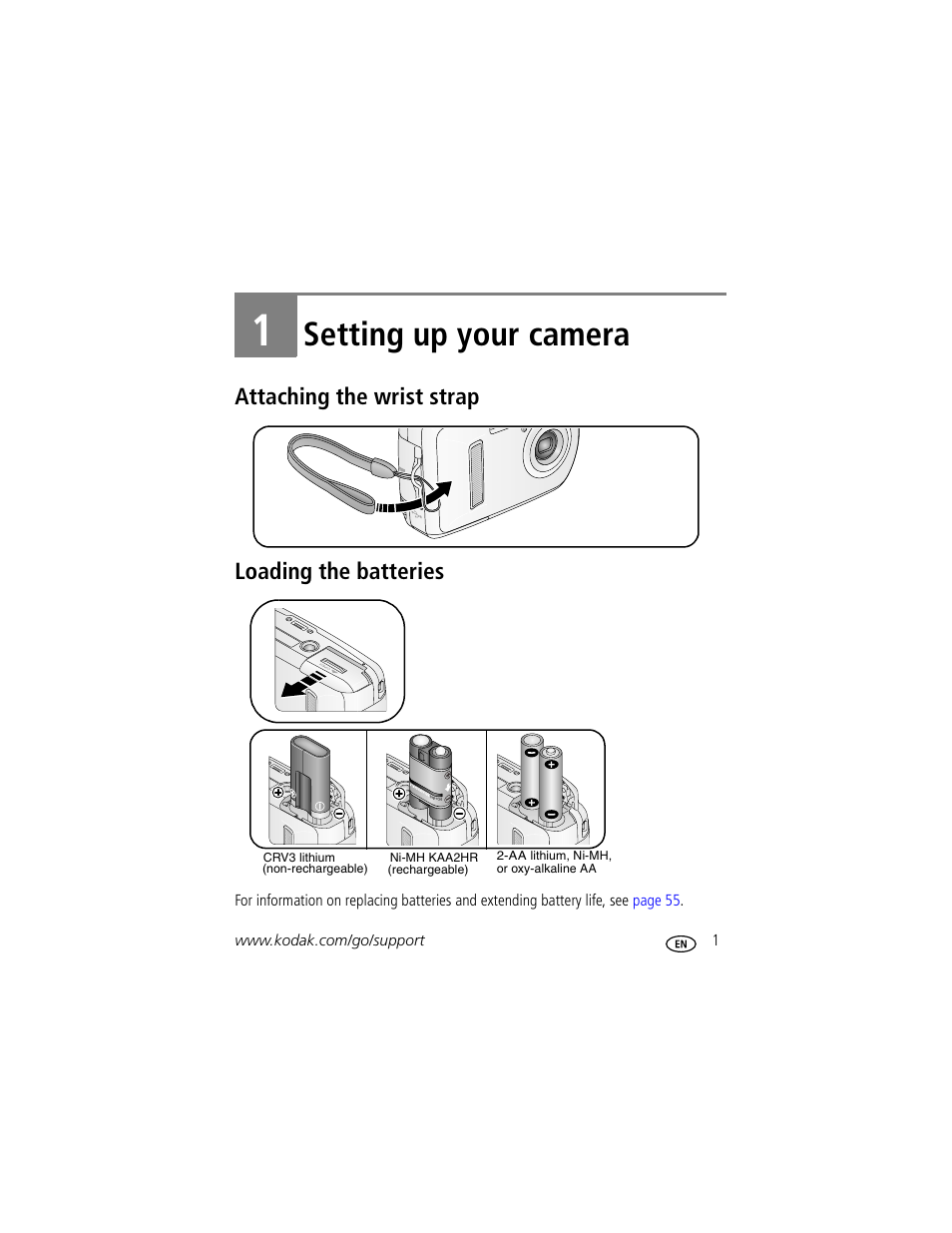 Setting up your camera, Attaching the wrist strap, Loading the batteries | 1 setting up your camera, Attaching the wrist strap loading the batteries | Kodak EasyShare C310 User Manual | Page 7 / 72