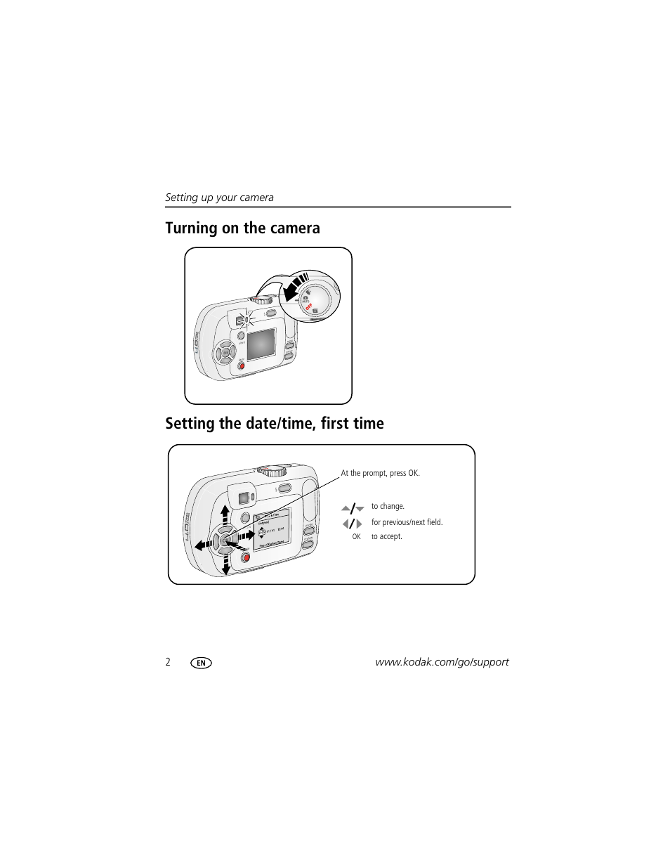 Turning on the camera, Setting the date/time, first time | Kodak EasyShare C310 User Manual | Page 8 / 72