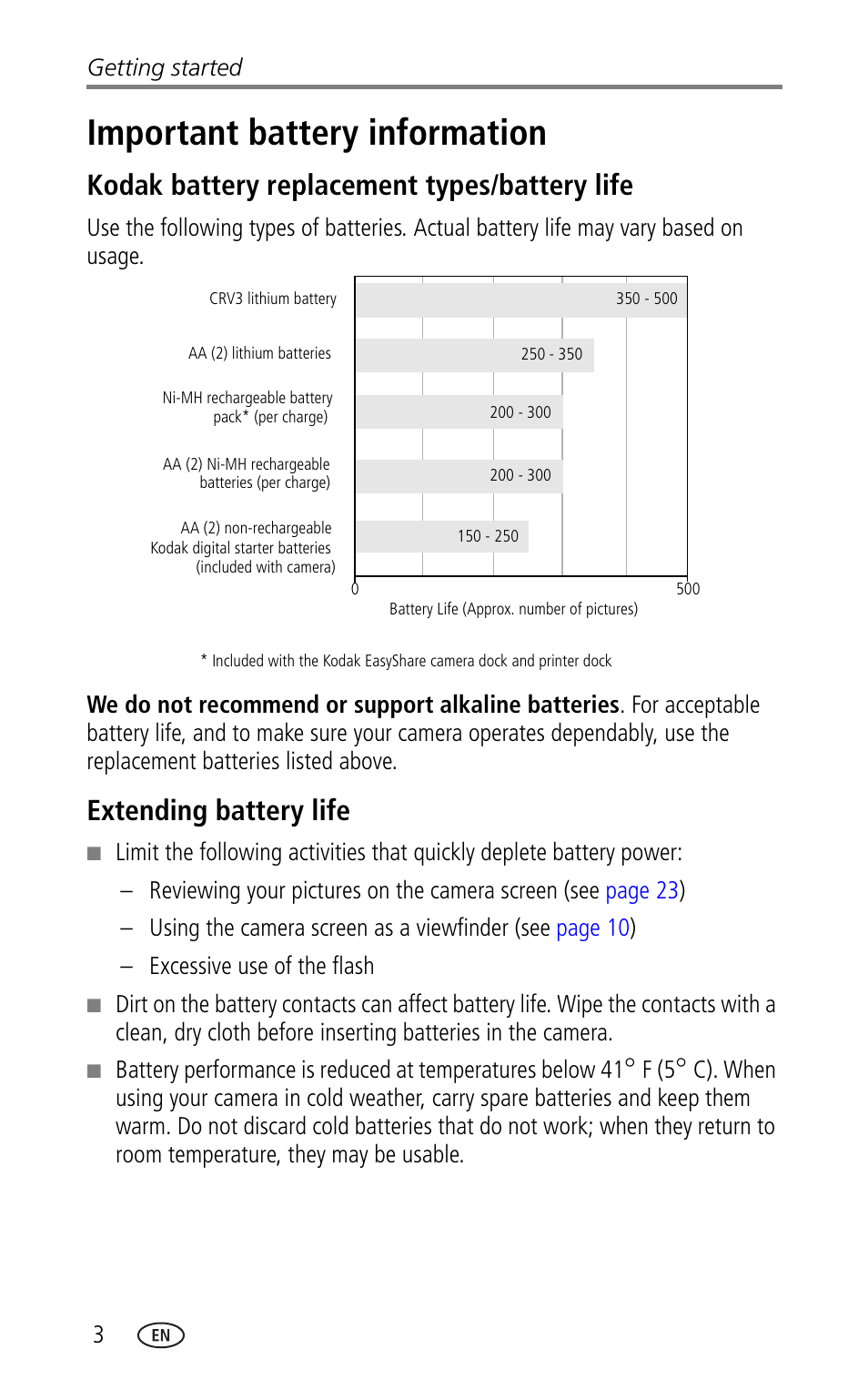 Important battery information, Kodak battery replacement types/battery life, Extending battery life | Kodak battery replacement types/battery, Life, F (5 | Kodak CX7330 User Manual | Page 10 / 61