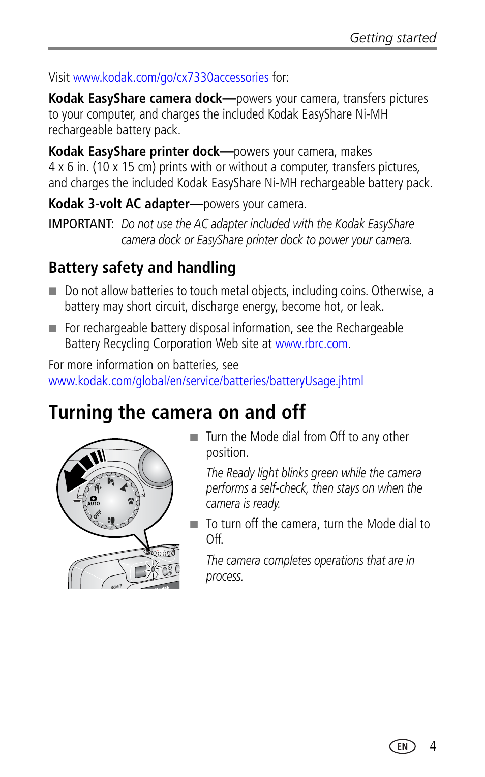 Battery safety and handling, Turning the camera on and off | Kodak CX7330 User Manual | Page 11 / 61