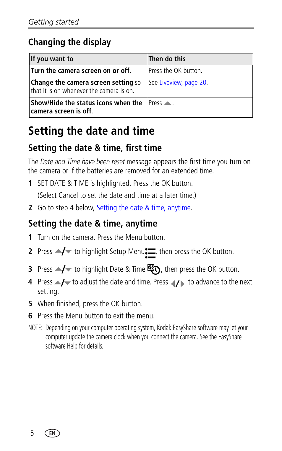 Changing the display, Setting the date and time, Setting the date & time, first time | Setting the date & time, anytime | Kodak CX7330 User Manual | Page 12 / 61