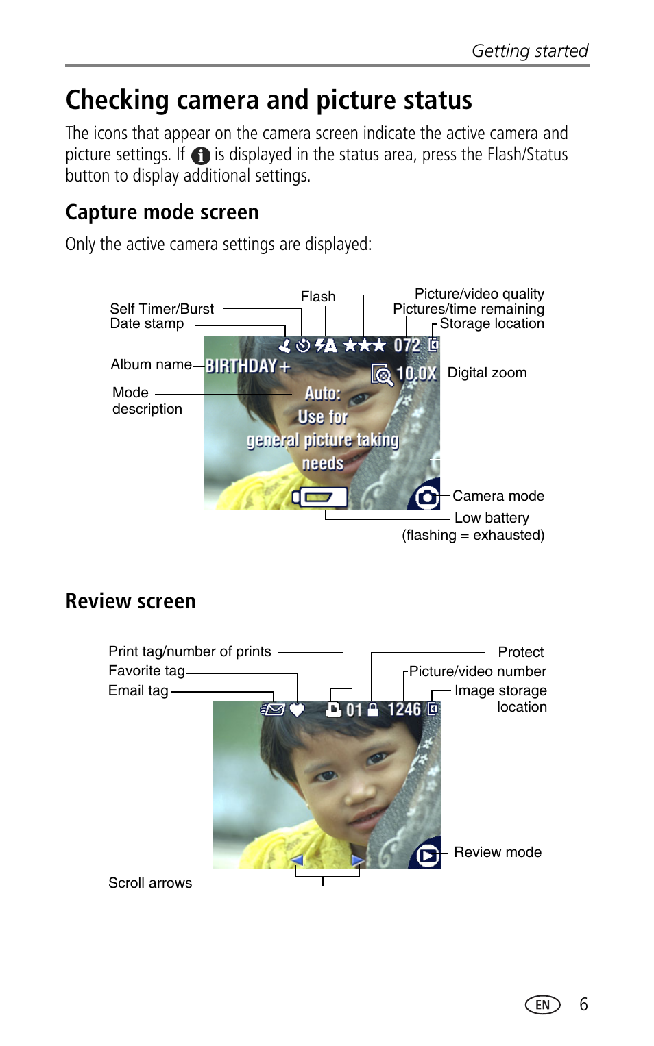 Checking camera and picture status, Capture mode screen, Review screen | Only the active camera settings are displayed | Kodak CX7330 User Manual | Page 13 / 61