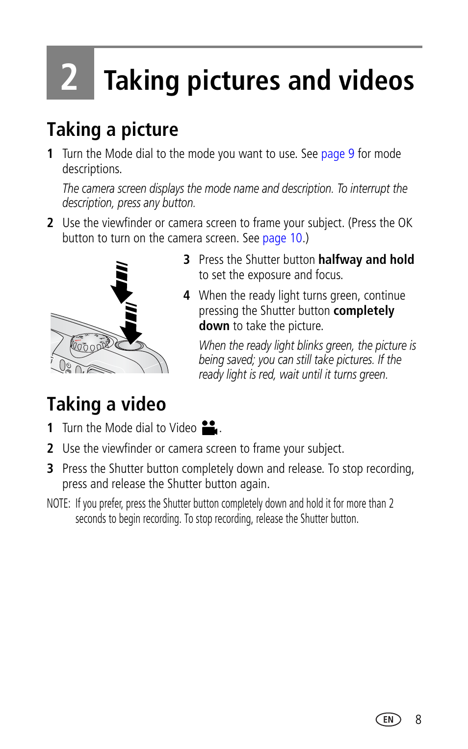 2 taking pictures and videos, Taking a picture, Taking a video | Taking a picture taking a video, Taking pictures and videos | Kodak CX7330 User Manual | Page 15 / 61