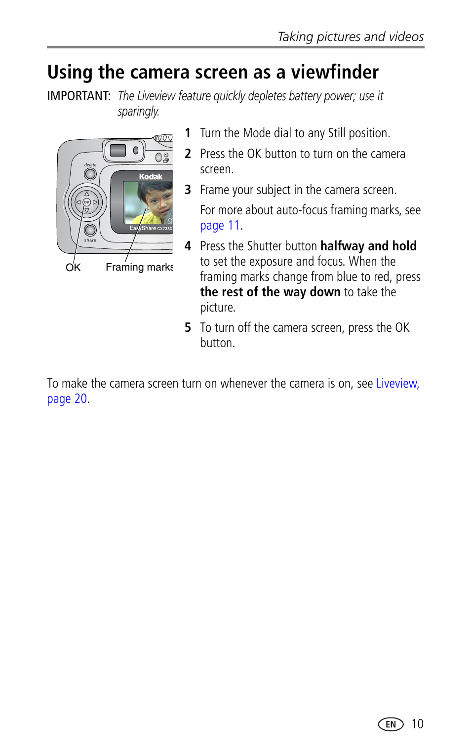 Using the camera screen as a viewfinder | Kodak CX7330 User Manual | Page 17 / 61