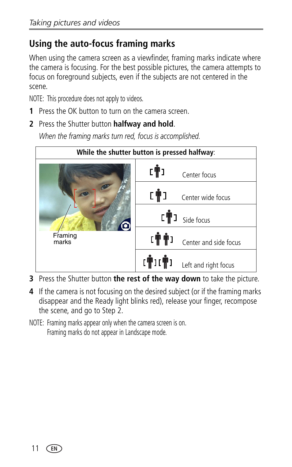 Using the auto-focus framing marks | Kodak CX7330 User Manual | Page 18 / 61