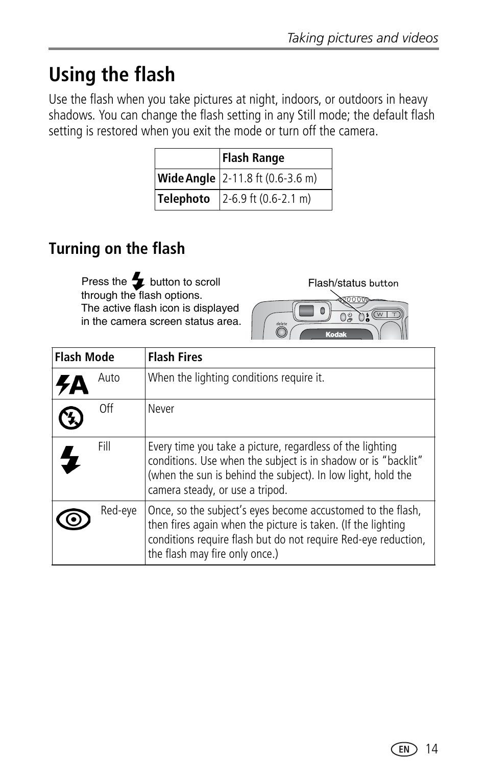 Using the flash, Turning on the flash | Kodak CX7330 User Manual | Page 21 / 61