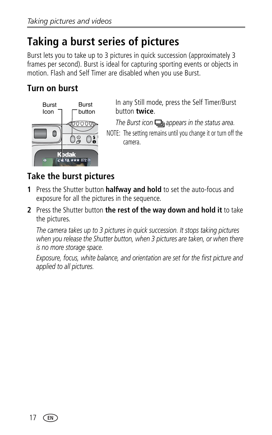 Taking a burst series of pictures, Turn on burst, Take the burst pictures | Kodak CX7330 User Manual | Page 24 / 61