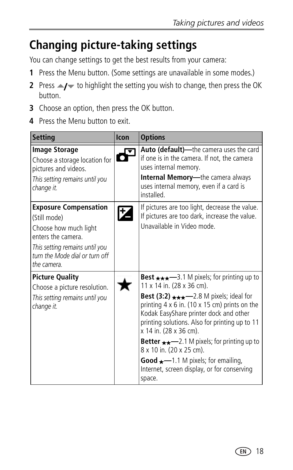 Changing picture-taking settings | Kodak CX7330 User Manual | Page 25 / 61