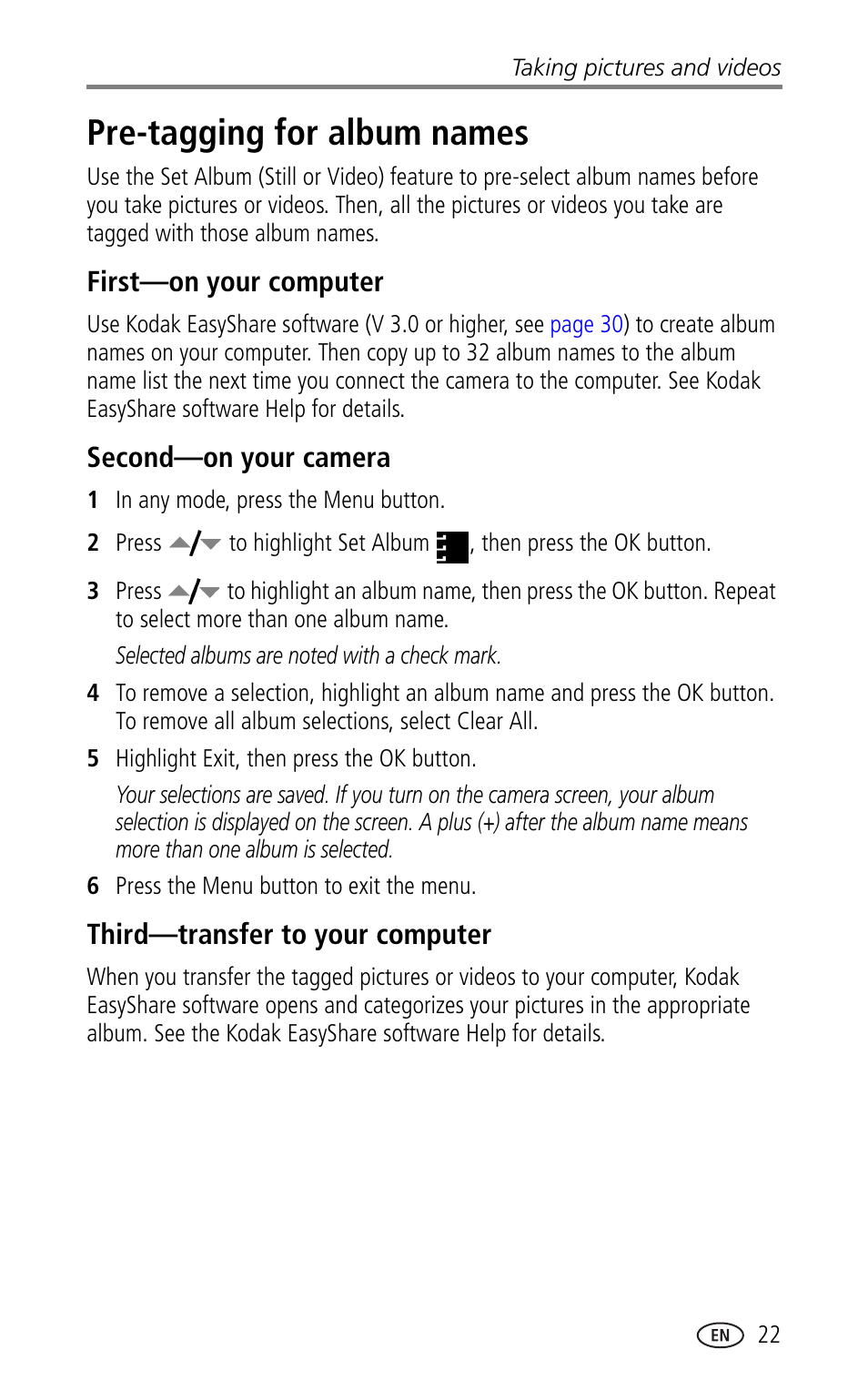 Pre-tagging for album names, First-on your computer, Second-on your camera | Third-transfer to your computer | Kodak CX7330 User Manual | Page 29 / 61