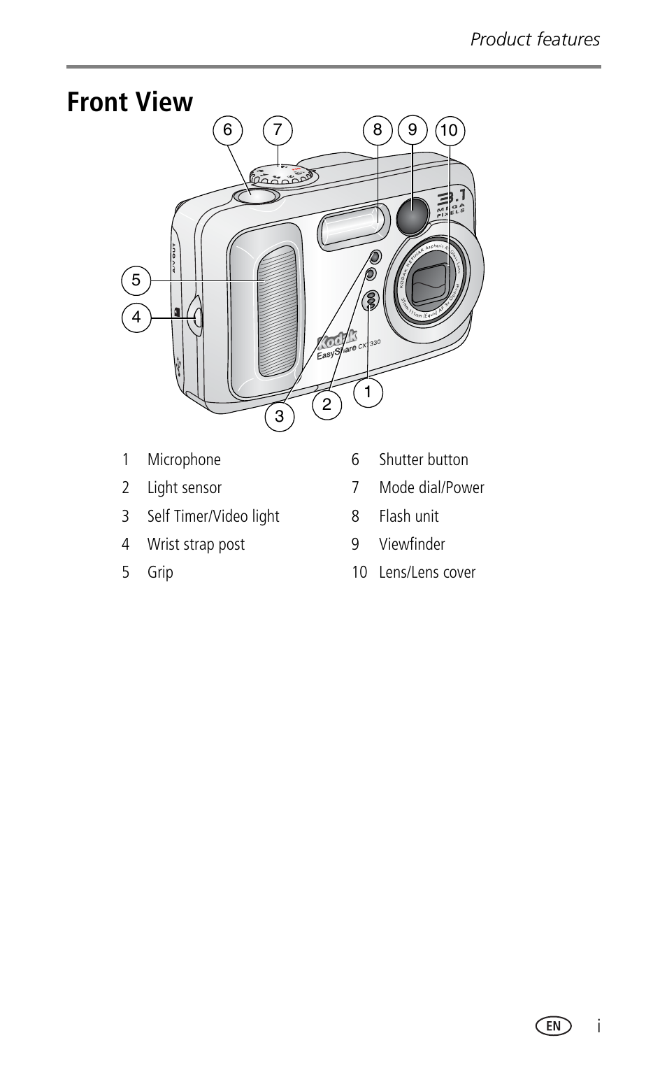 Product features, Front view | Kodak CX7330 User Manual | Page 3 / 61