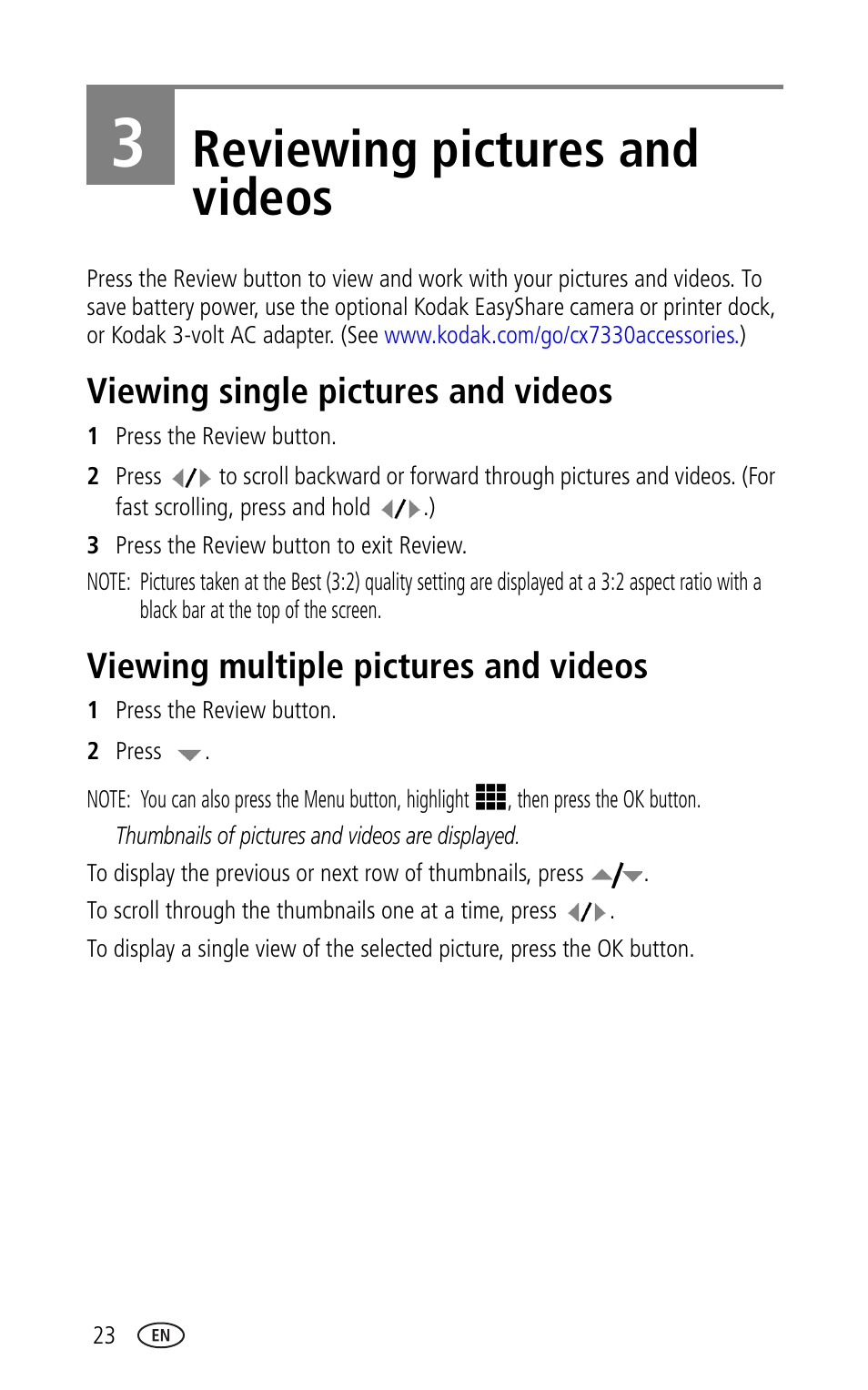 3 reviewing pictures and videos, Viewing single pictures and videos, Viewing multiple pictures and videos | Reviewing pictures and videos | Kodak CX7330 User Manual | Page 30 / 61