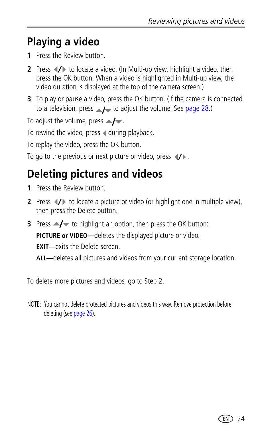 Playing a video, Deleting pictures and videos, Playing a video deleting pictures and videos | Kodak CX7330 User Manual | Page 31 / 61