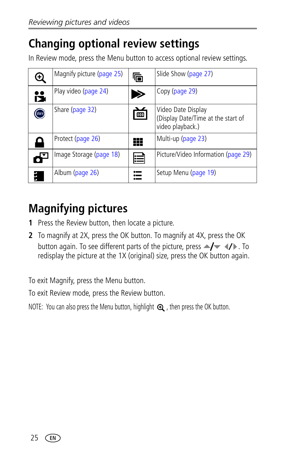 Changing optional review settings, Magnifying pictures | Kodak CX7330 User Manual | Page 32 / 61