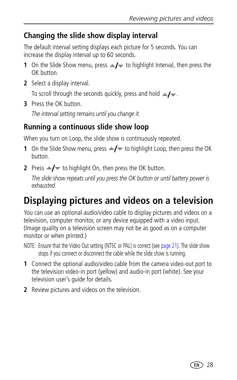 Changing the slide show display interval, Running a continuous slide show loop, Displaying pictures and videos on a television | Kodak CX7330 User Manual | Page 35 / 61