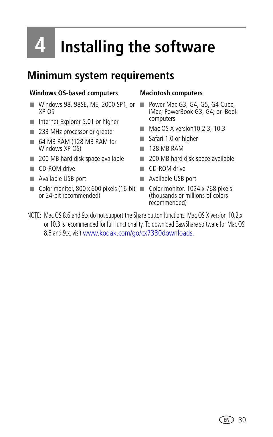 4 installing the software, Minimum system requirements, Installing the software | Kodak CX7330 User Manual | Page 37 / 61