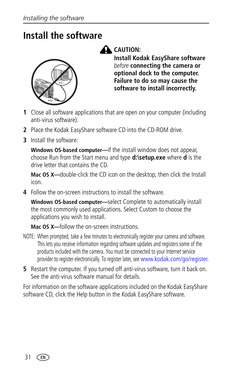 Install the software | Kodak CX7330 User Manual | Page 38 / 61